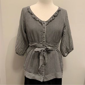 Buffalo Button Down Striped Ruffle Neckline 3/4 Sleeve Stripe Blouse, Medium